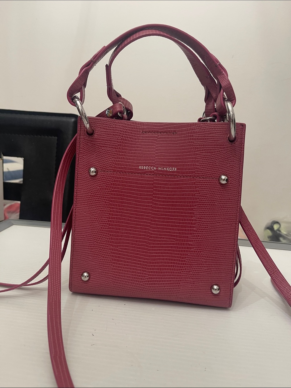 Rebecca Minkoff Pink Lizard-Embossed Mini Tote With Long Straps  Handbag Size S